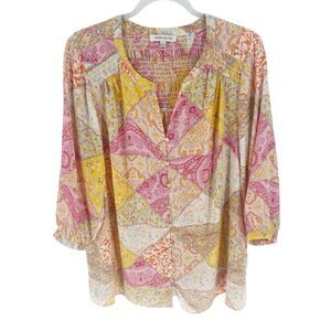 Rose Olive Blouse Womens 1X Floral 3/4 Sleeve V Neck Popover Boho Peasant Resort